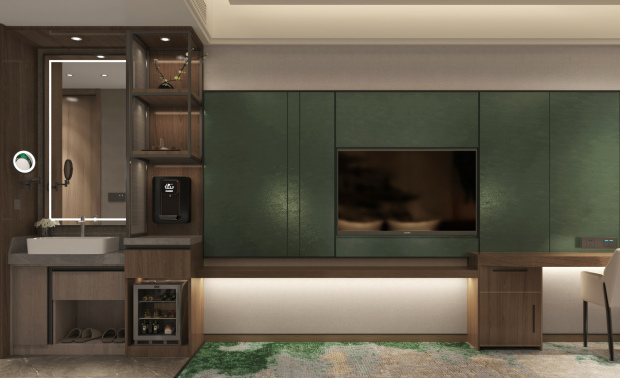 大床房 户型效果图

整体呈现高级灰色调，以绿色为点缀，塑造一种静谧的空间感受，在沙发区域，书桌区域是选用触感更加柔和自然的木饰面材料。

