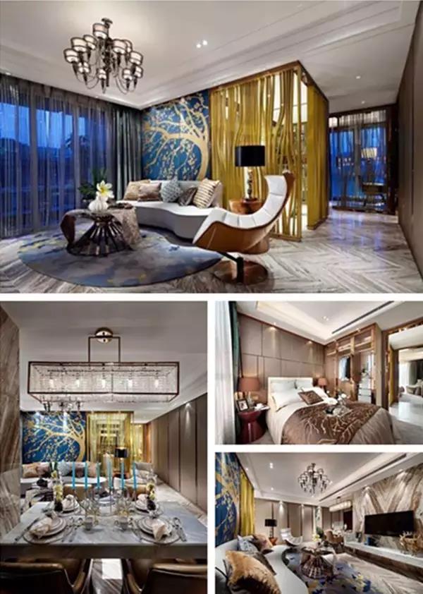 图为：2013年度国际空间设计大奖Idea-Tops（艾特奖）最佳样板房设计提名奖——湖北宜昌恒信中央公园9A样板房

蓝色与金色的搭配让人看到了奢华的另一面。设计师用金色奠定奢华的基础，蓝色的装饰在墙面、桌面、床品上随处可见，由此渲染出清新而柔美的氛围。
