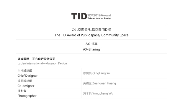 TID AWARD
赛事介绍
关于 TID Award
在大中华地区为室内设计专业进步的重要竞赛平台





凝聚了当代台湾设计菁英的设计创意思维之外，

更成为观察大中华地区室内设计发展的最重要平台，

记录与观察来自两岸各地设计作品，

所呈现的各式各样当代「生活空间」的面貌，

更是作为研究当代华人生活形式与区域文化的重要场域。





台湾室内设计大奖(Taiwan Interior Design Award, 简称 TID Award)，

自 2007 TID Award 从台湾扩展至涵盖亚太所有区域及两岸四地新秀、老将的同台较劲，

展开竞技大道，已成为华人地区室内设计专业最高的专业成就奖。

参赛作品不限国籍全球各地对空间创意设计有想法、

重视室内设计对社会有责任的设计者参与。

网址：https://www.tidaward.org.tw