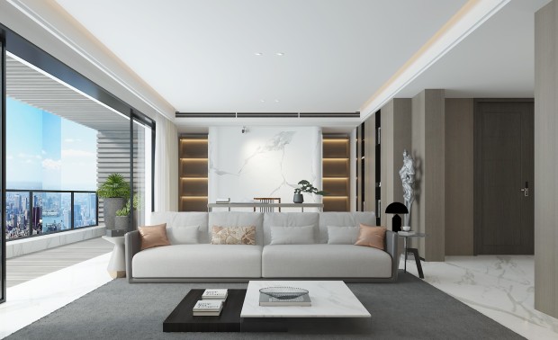 浅色木纹饰面搭配汉白玉大理石与亚麻质感的灰色布艺沙发、家具与灯光衬着米黄色的温馨，简洁的软装选择减少杂乱并保持开放、干净