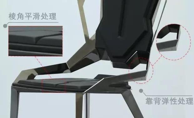 虽然都是直线造型，但在面与面的交合处却做了平滑处理，并且椅背弹性的设计使其能贴合人身体的移动，从而具体的使用中保证了舒适性。
