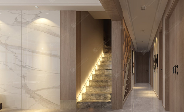 设计师对楼梯的氛围营造使用最常用的处理手法，嵌入式灯槽的照明，就是多数设计师口中的楼梯下面藏灯的做法。